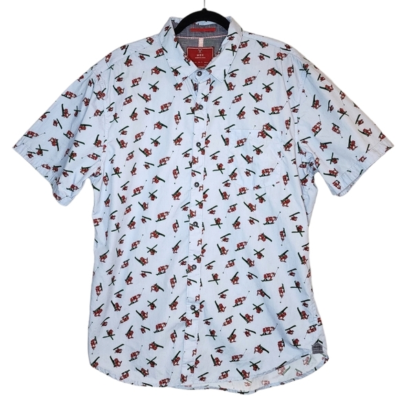 MBX skiing santa short sleeve button down shirt. Blue/Red. - Picture 5 of 16